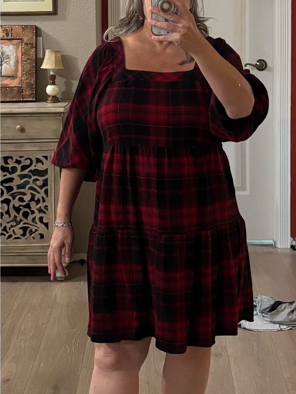 Maurices Red and Black Plaid Square-Neck Tiered Dress